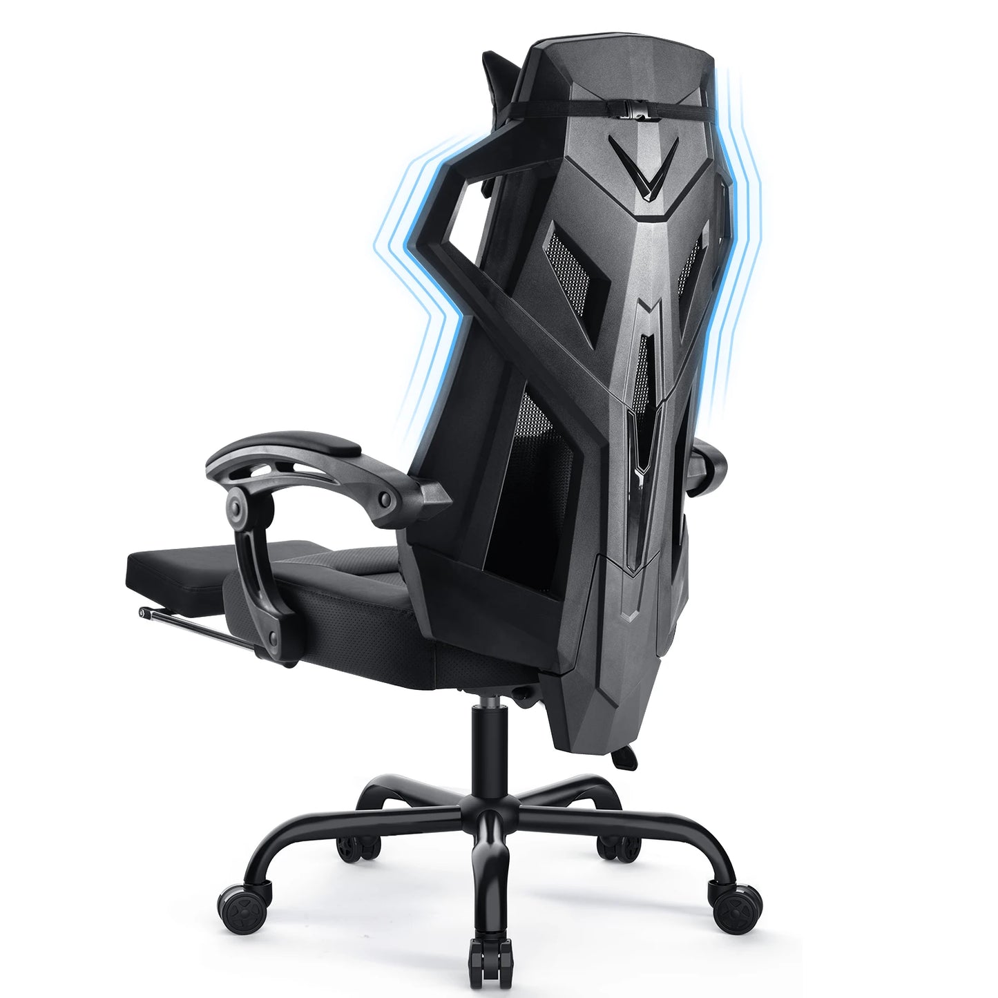 Gaming Stoel – Ergonomische Bureaustoel – Comfortabele Stoel – Mesh Rugleuning – Verstelbare Zithoogte – 150 Kg Belastbaar - 52 x 65 x 132 cm - Zwart - QUORE