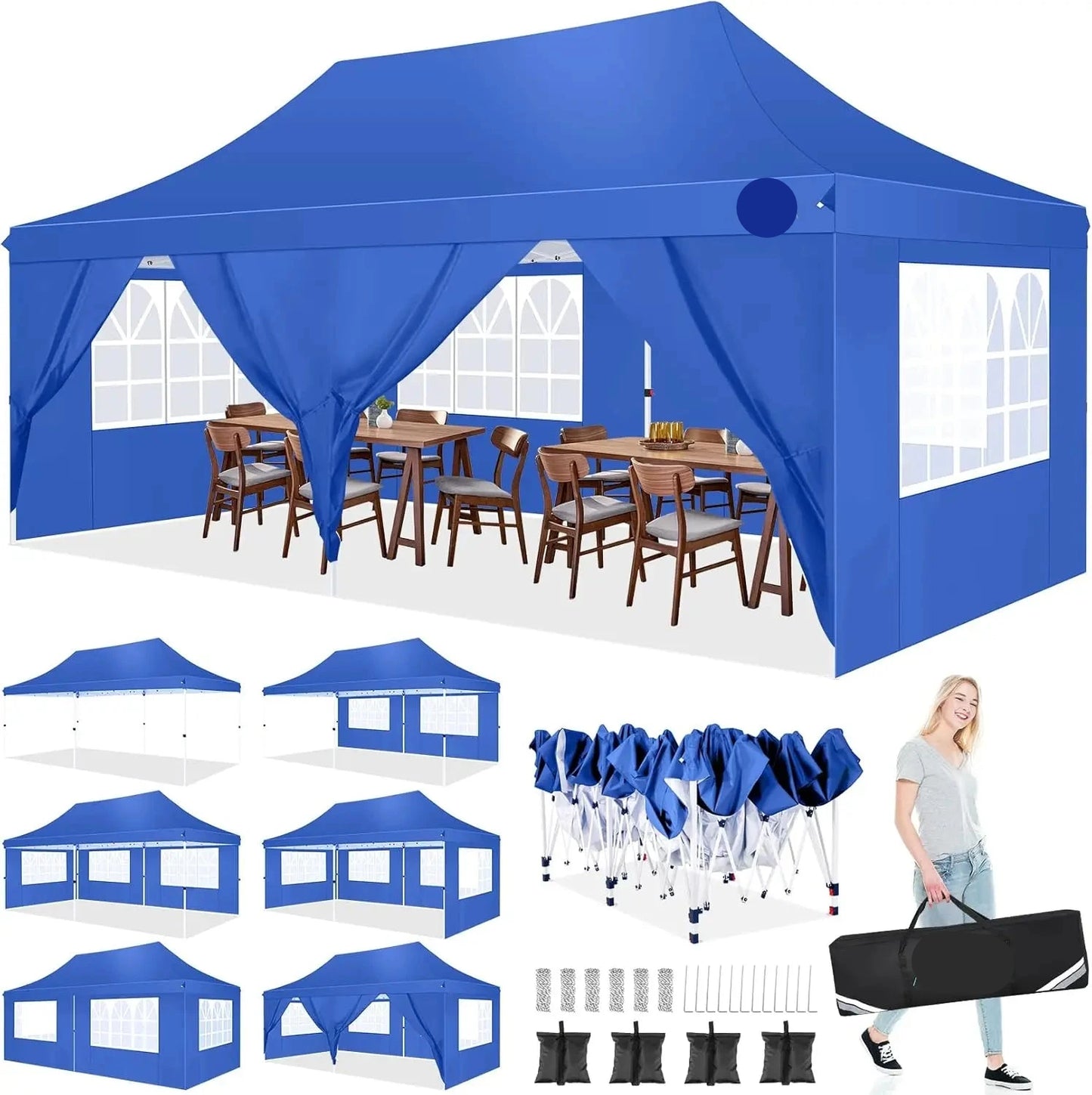 Partytent - Pop-Up Partytenten - Easy up Tent - Vouwtent - Party Tent Opvouwbaar - 3x6m - 6 Zijwanden - UV50+ Tuinpaviljoen - Waterdichte - voor Feest - Markt - BBQ of Camping - Blauw