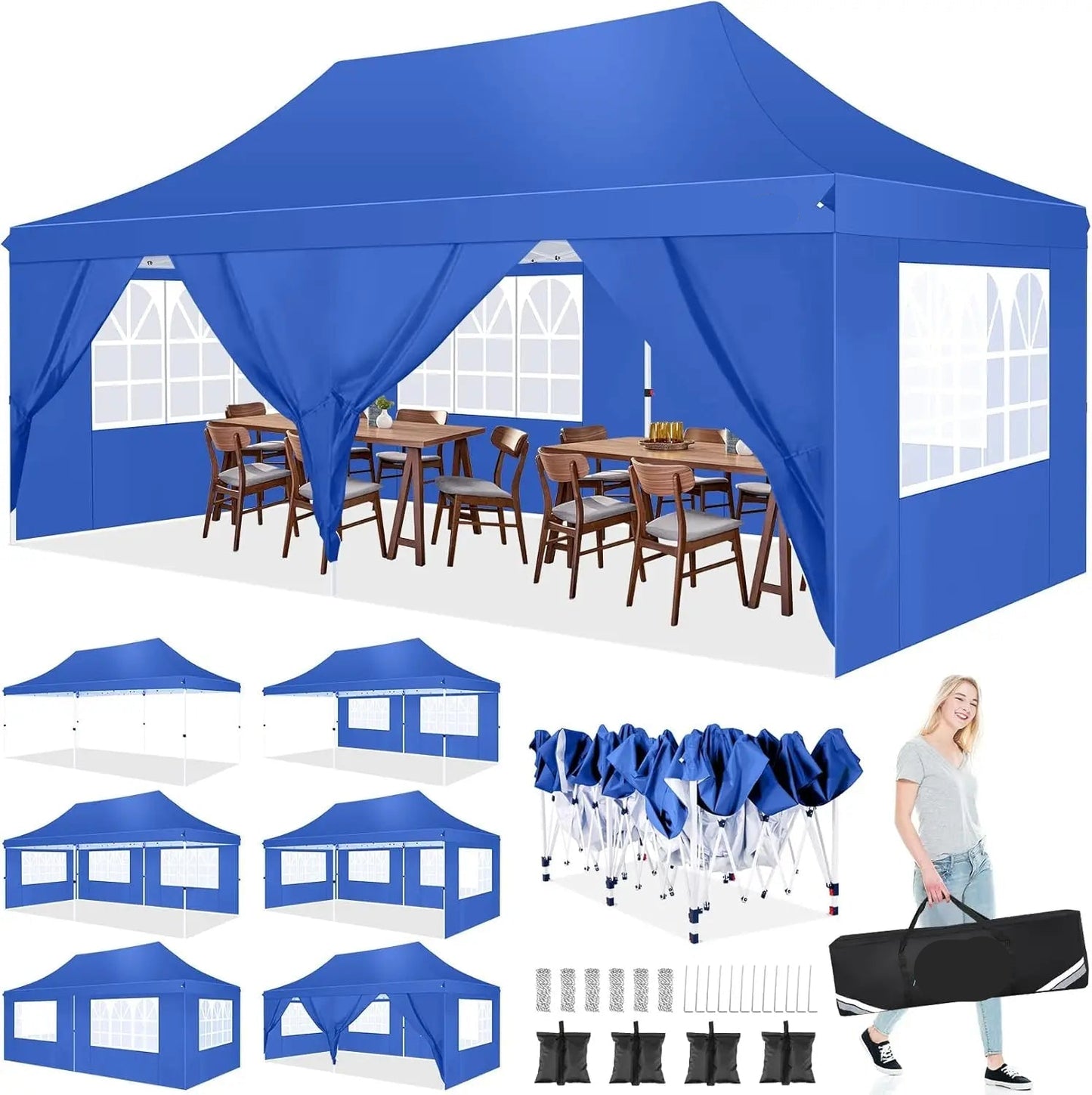 Partytent – Tuinpaviljoen – Feesttent – Inklapbare Tent – Waterdicht Oxford Doek – 3 X 6 Meter – 6 Afneembare Zijwanden - Blauw