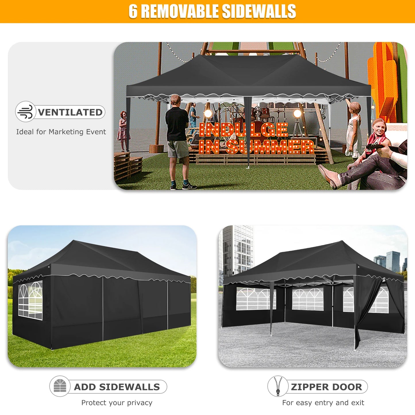 Partytent – Tuinpaviljoen – Evenemententent – Overkapping – 3x6 Meter – Staalframe – Waterdicht Met Zijwanden - Zwart