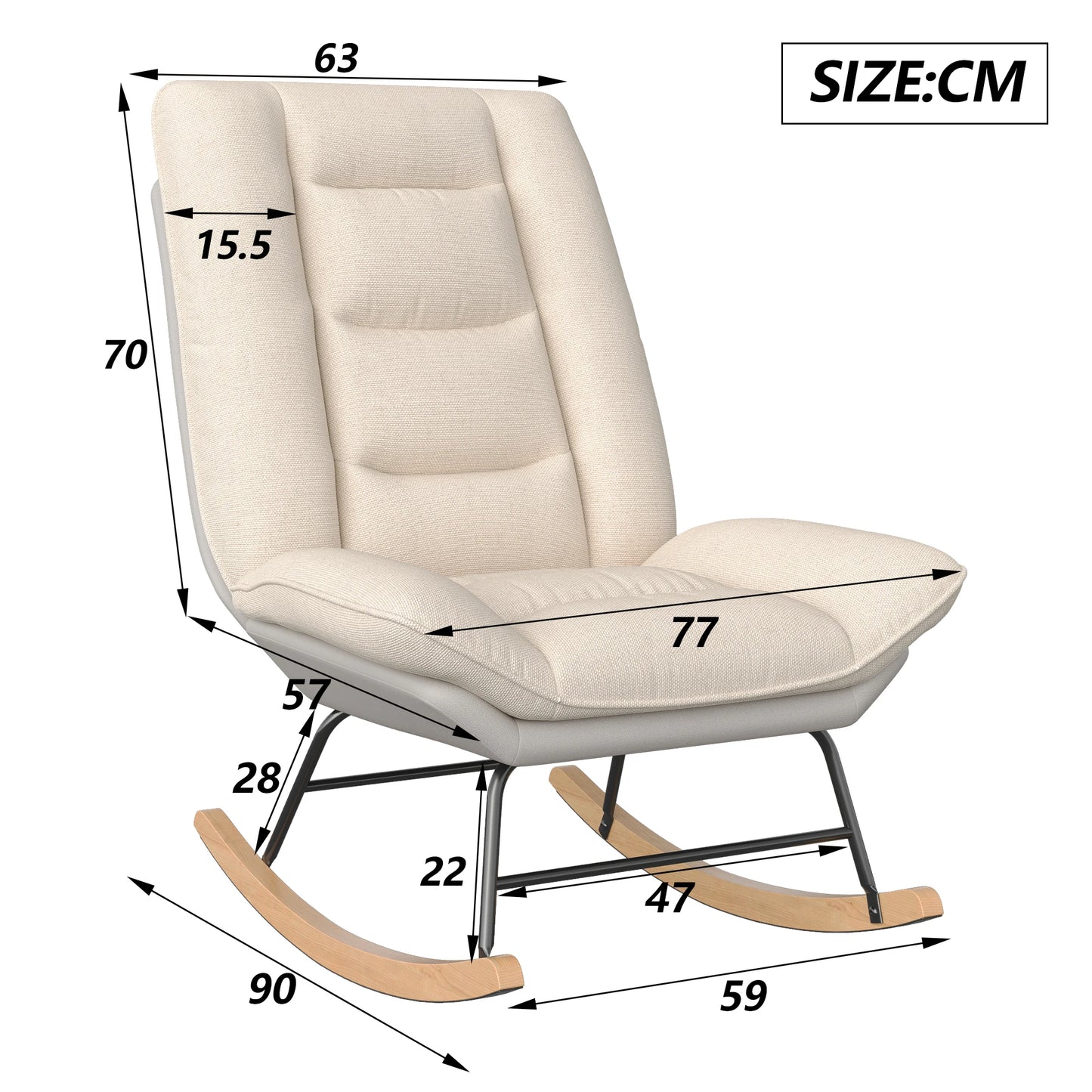 Schommelstoel Woonkamer – Schommelstoel Volwassenen – Gevoerde Schommelstoel – Scandinavische Schommelstoel – Verstelbare Rugleuning – Ergonomisch Comfort – Licht Metalen Frame – Wit Rice Variant