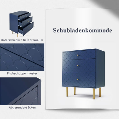 Nachtkastje – Bedkastje – Opbergkastje – Slaapkamerkast – Vis-Schubpatroon – Drie Lades – Afgeronde Hoeken - Blauw
