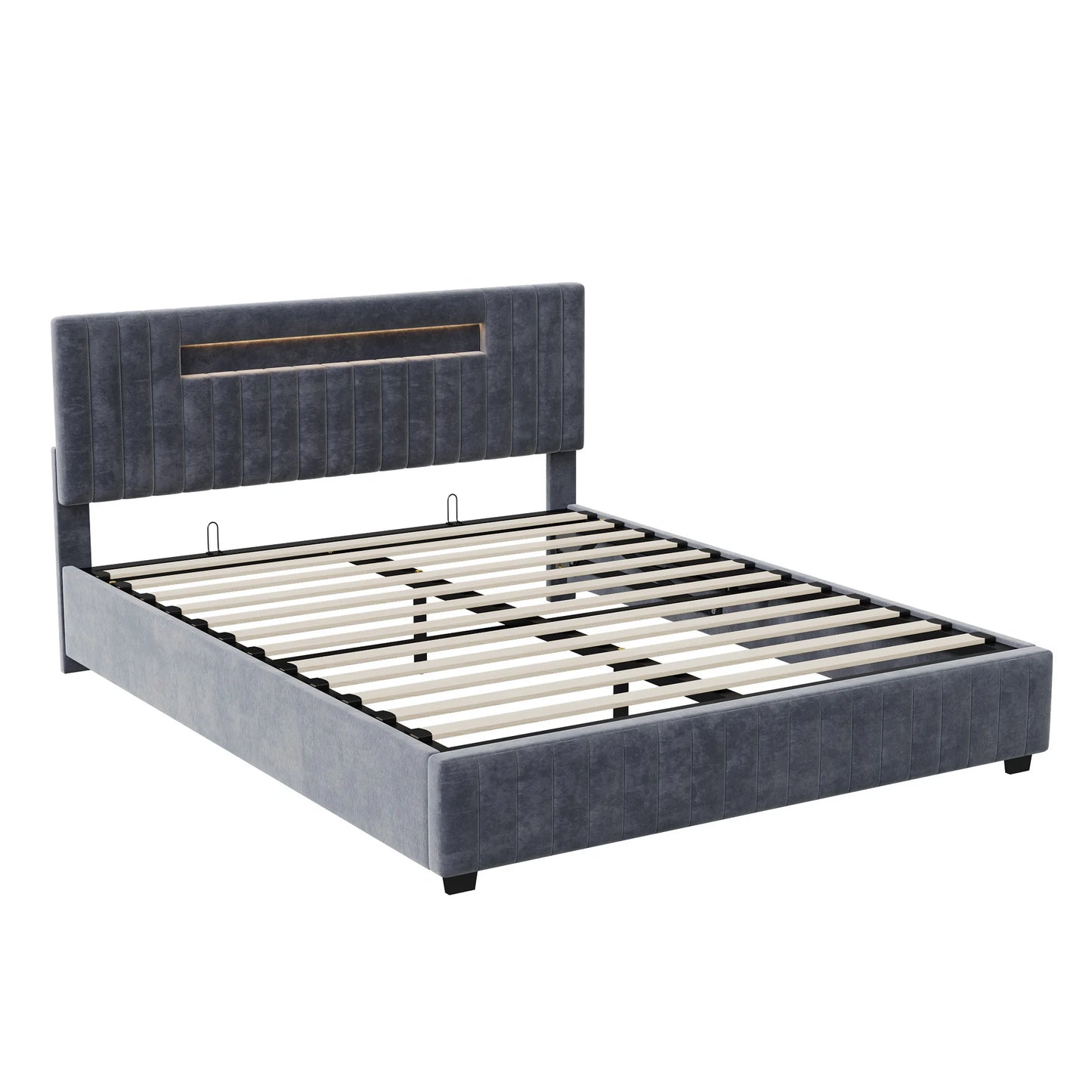 Tweepersoonsbed – Opklapbed – Bedframe – Slaapbank – Boxspring – Grijs Velours – LED-Verlichting – Opbergruimte – 140x200 / 160x200 cm - QUORE