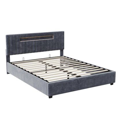 Tweepersoonsbed – Opklapbed – Bedframe – Slaapbank – Boxspring – Grijs Velours – LED-Verlichting – Opbergruimte – 140x200 / 160x200 cm - QUORE