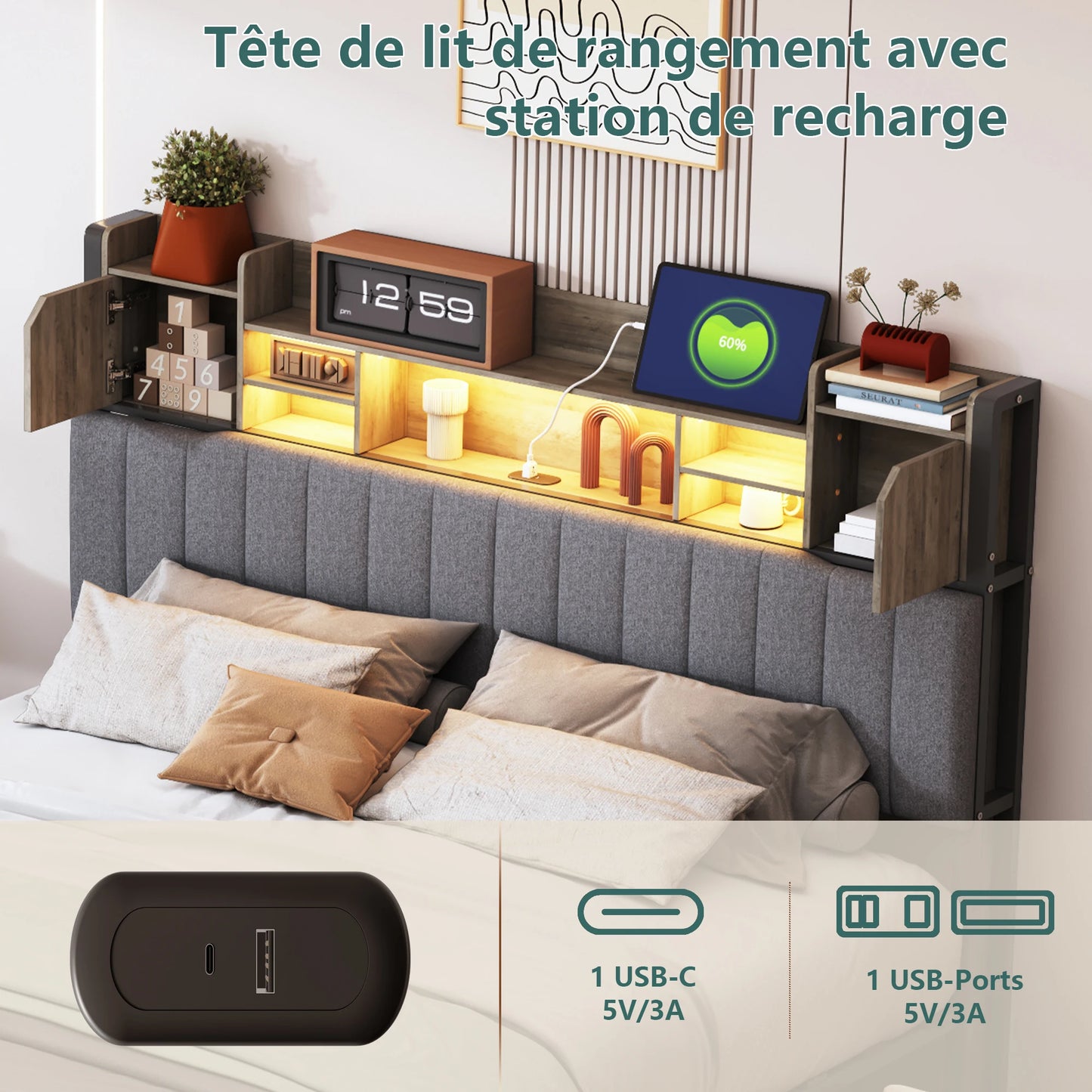 Tweepersoonsbed – Opbergbed – Led Bed – Bed met Lades – Linnen Bed – 140x190 cm – Ingebouwde LED-Verlichting en USB-Poorten