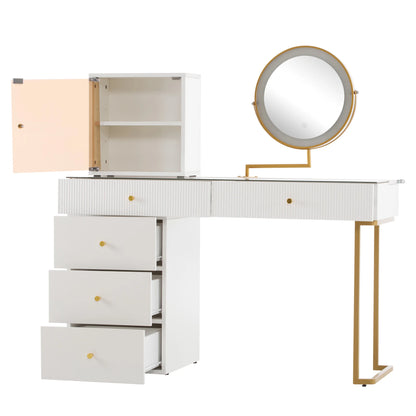 Make-uptafel – Kaptafel – Schminktisch – Visagie tafel – Make-up bureau – Wit – LED-verlichting met 3 lichtkleuren – Robuust metalen frame en glanzend glazen blad