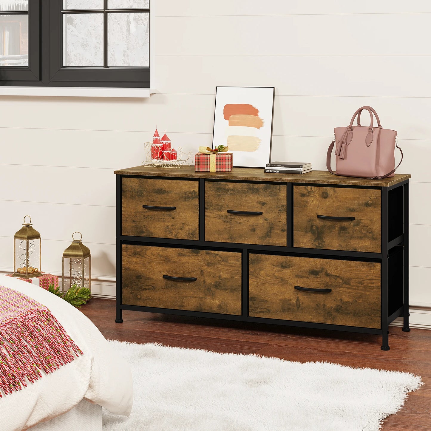 Industriële Opbergkast - Ladekast - Ladekastje - Ladenkastje - Ladenkast - Metaal Frame - voor Woonkamer - Slaapkamer en Hal - 5 Lades - Vintage Bruin Zwart