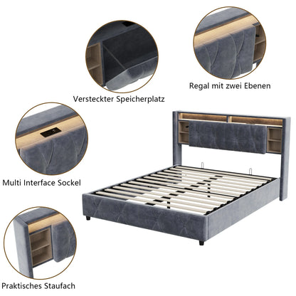 Tweepersoonsbed – Bedframe – Opbergbed – Slaapbed – Fluwelen Bed – 140x200 cm – Met LED-verlichting en USB-aansluitingen – Stevig Metalen Frame met Houten Lattenbodem