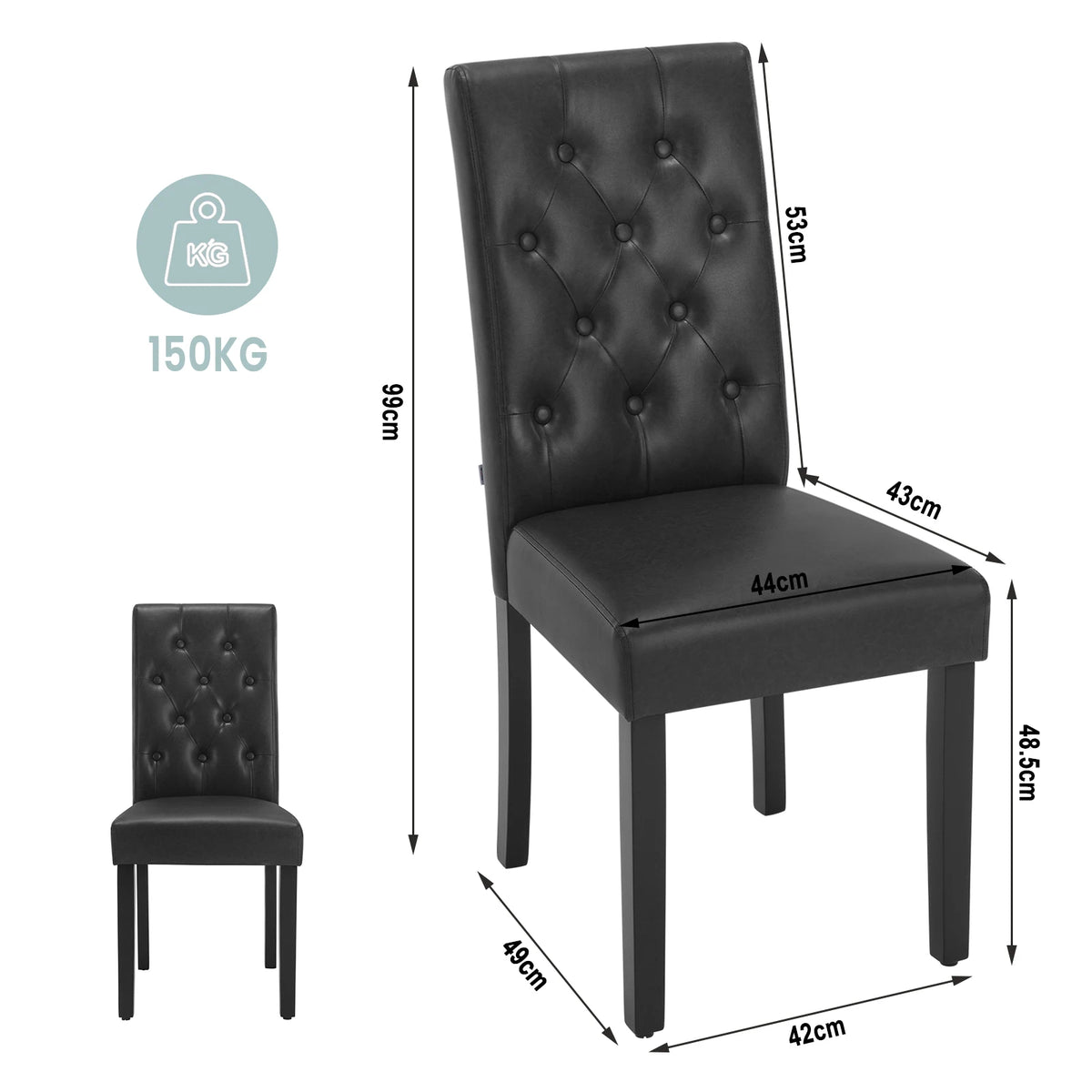Stoel - Eetkamerstoelen - Set van 2 Kunstleer Eetkamerstoelen - Ergonomisch - Massief Houten Poten – Hoge Rugleuning - Comfortabel Gevoerd – Ergonomisch & Duurzaam – Voor Keuken - Eetkamer - 44x99x59cm - Zwart - QUORE