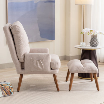 Fauteuil – Woonkamerstoel – Relaxstoel – Leesfauteuil – Beige Kleur – Verstelbare Rugleuning – Houten Poten - 69 × 96 × 60 cm - Beige