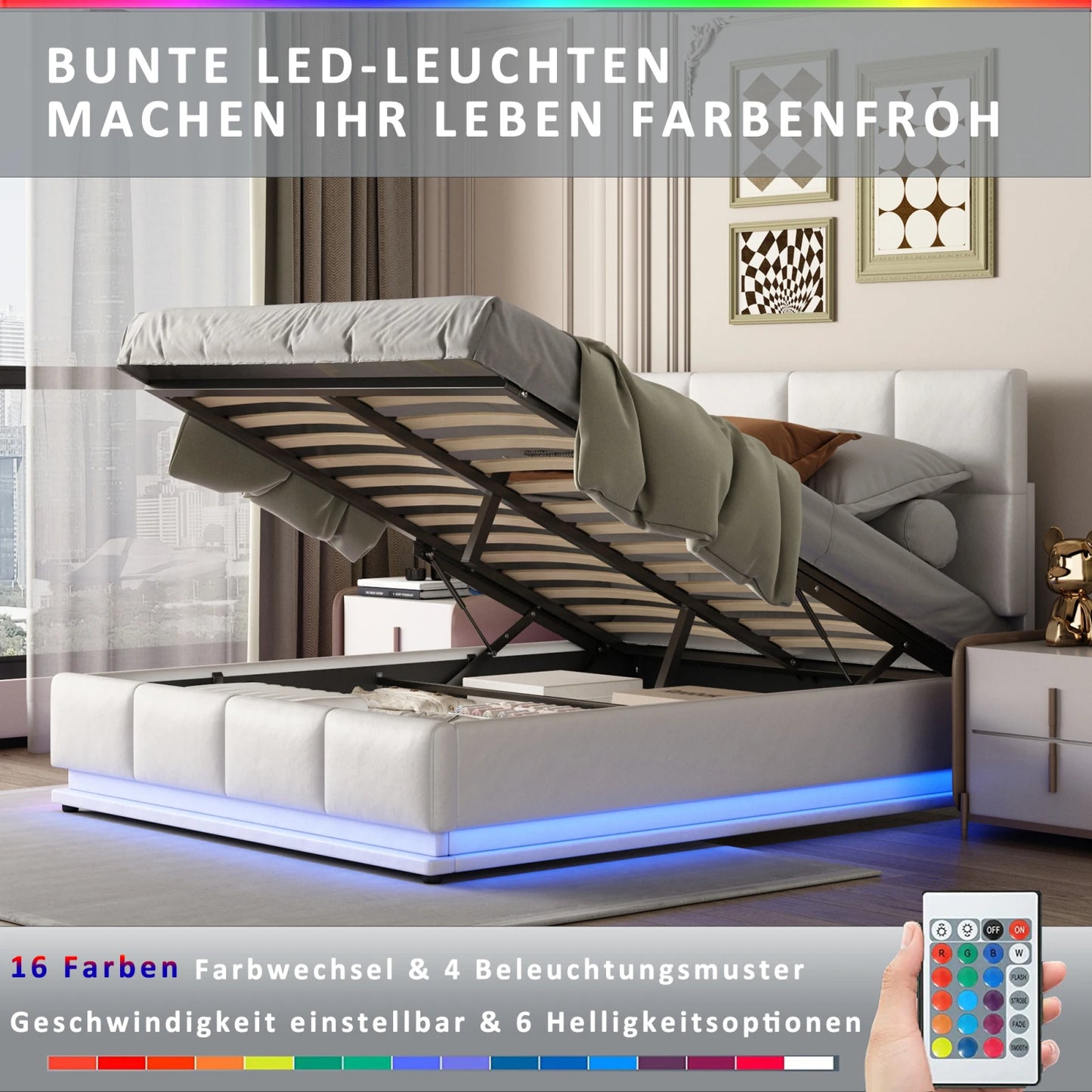 Gestoffeerd Opbergbed – Opbergbedframe – Zwevend Bed – Slaapbank – Ladebed – Wit – 140x200 cm – Stevig MDF Metalen Frame – 35 cm Opbergruimte Onder Matras