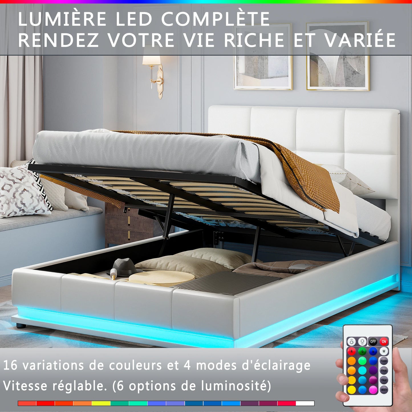 Tweepersoonsbed – Bedframe – Opbergbed – Led Bed – Verstelbaar Hoofdeinde – 140x200 cm Grijs – Hydraulische Opbergruimte – PU Bekleding - QUORE