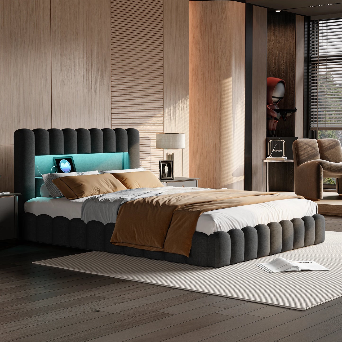 Tweepersoonsbed – Bed – Slaapbed – Bedframe – Gestoffeerd Bed – Grijs 140x200 cm – Verlicht Hoofdbord Met Instelbare LED’s – Ingebouwde USB-Oplaadpoort