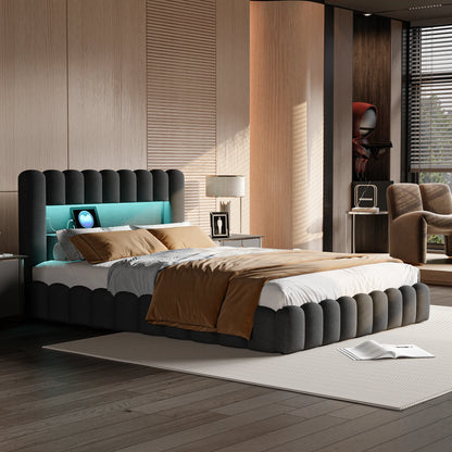 Tweepersoonsbed – Bed – Slaapbed – Bedframe – Gestoffeerd Bed – Grijs 140x200 cm – Verlicht Hoofdbord Met Instelbare LED’s – Ingebouwde USB-Oplaadpoort