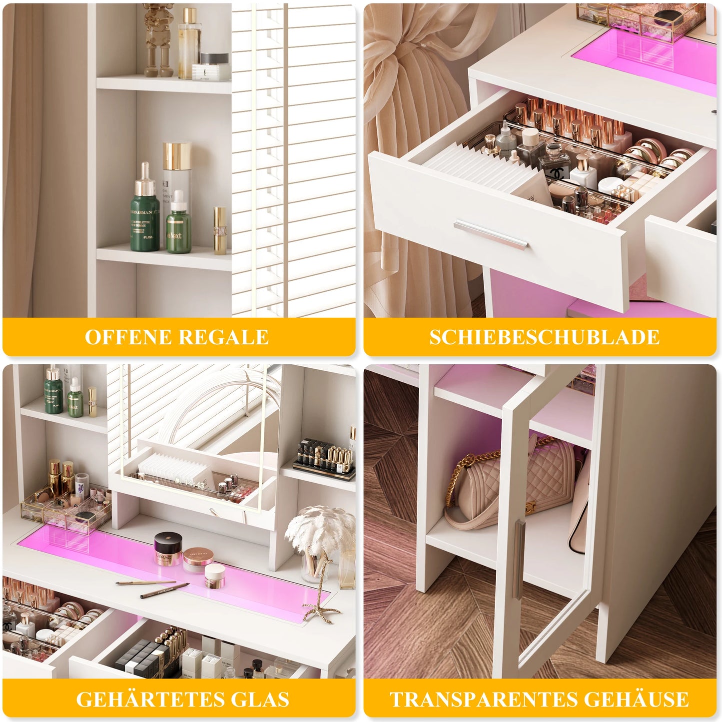 Make-up Tafel – Kaptafel – Schminktisch – Make-up Bureau – Verstelbare LED Verlichting – Wit Glasblad Met Laden – Hoekopstelling