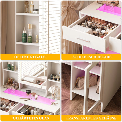 Make-up Tafel – Kaptafel – Schminktisch – Make-up Bureau – Verstelbare LED Verlichting – Wit Glasblad Met Laden – Hoekopstelling