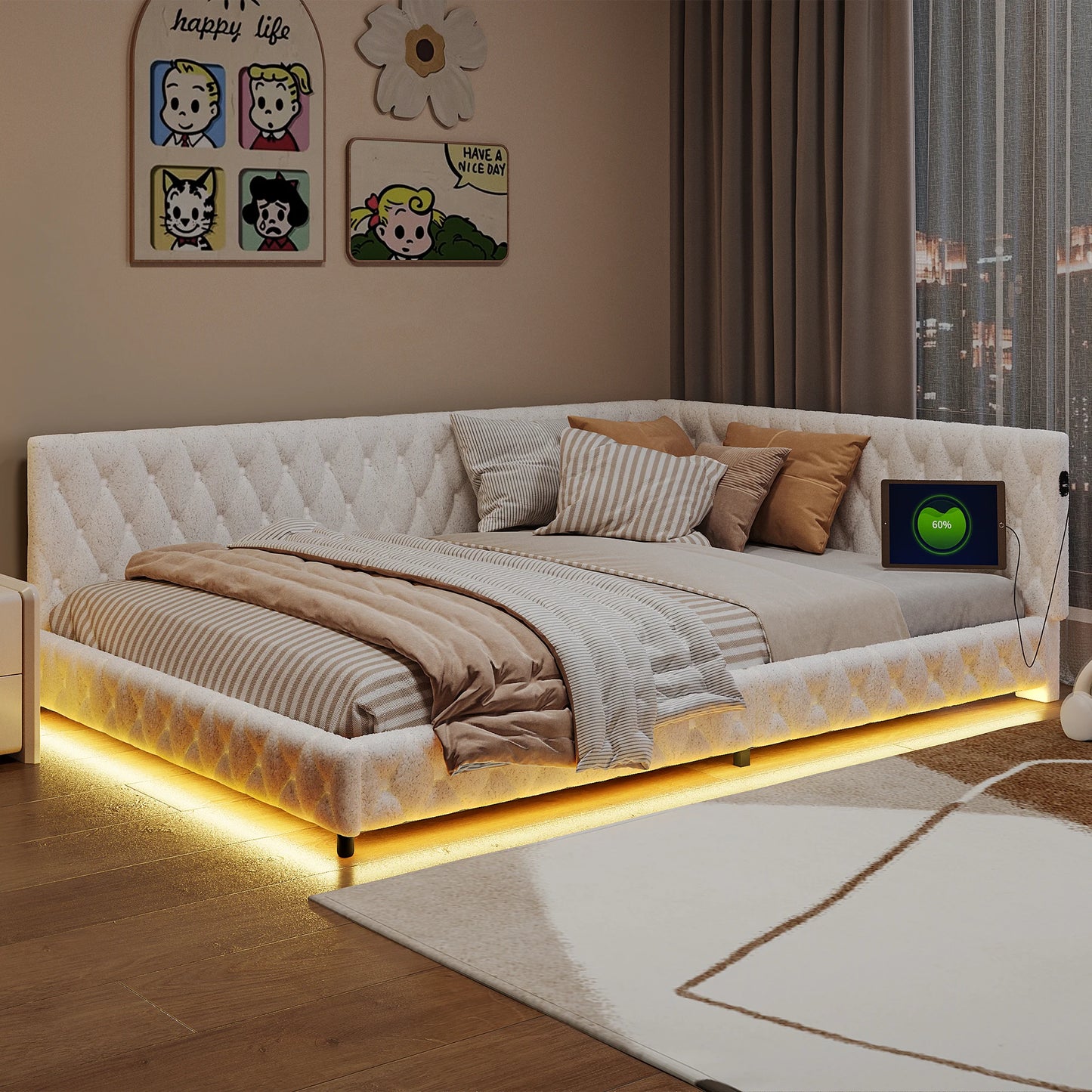 Bankbed – Slaapbank – Bedbank – Logeerbed – Sofa Bed – L-Vormig 140x200 cm – Teddy Velvet Bekleding Met LED-Verlichting En USB-Aansluitingen