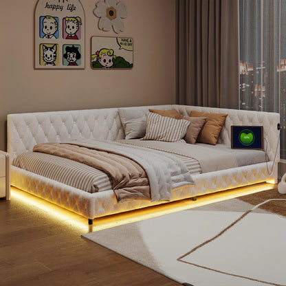 Bankbed – Slaapbank – Bedbank – Logeerbed – Sofa Bed – L-Vormig 140x200 cm – Teddy Velvet Bekleding Met LED-Verlichting En USB-Aansluitingen