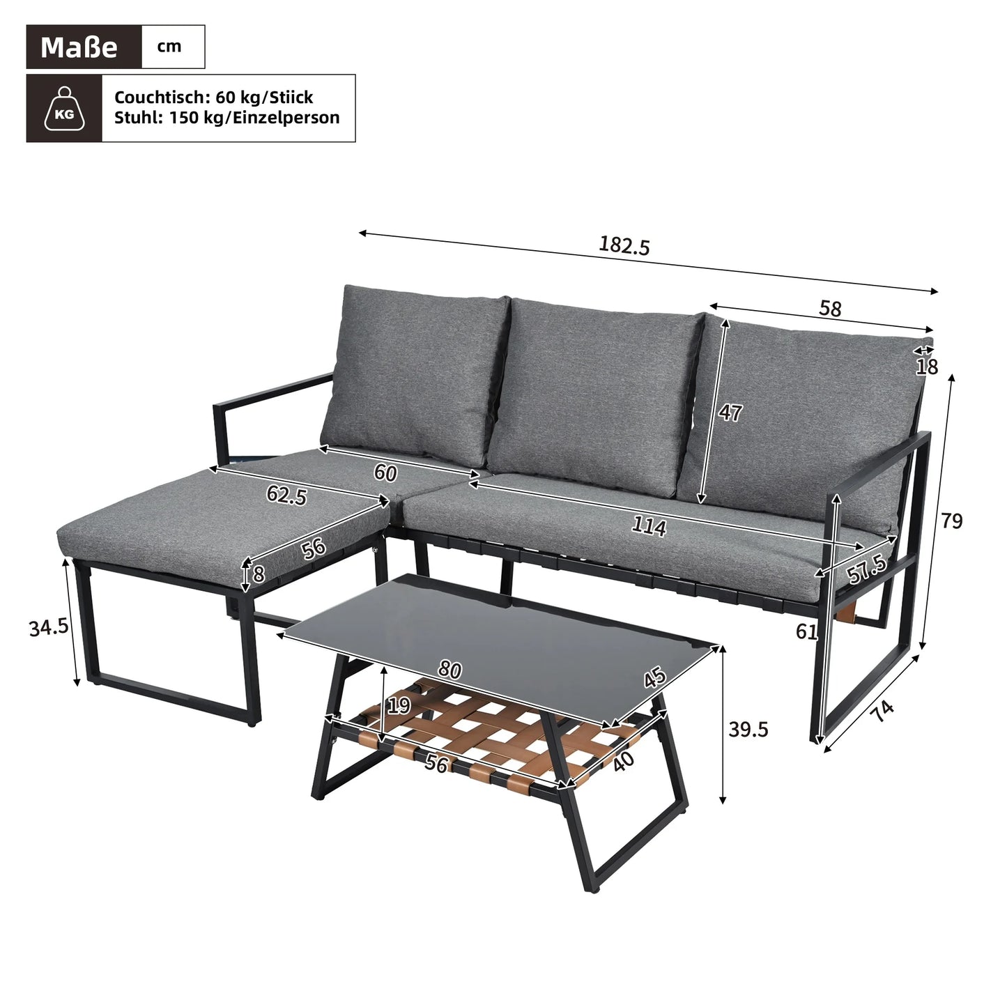 Tuinmeubelset – Hoekige Tuinmeubelset – Buitenmeubelen – Hoekbank – Tuinset – Balkonset – Gegalvaniseerd Stalen Frame – Glazen Tafelblad - Grijs