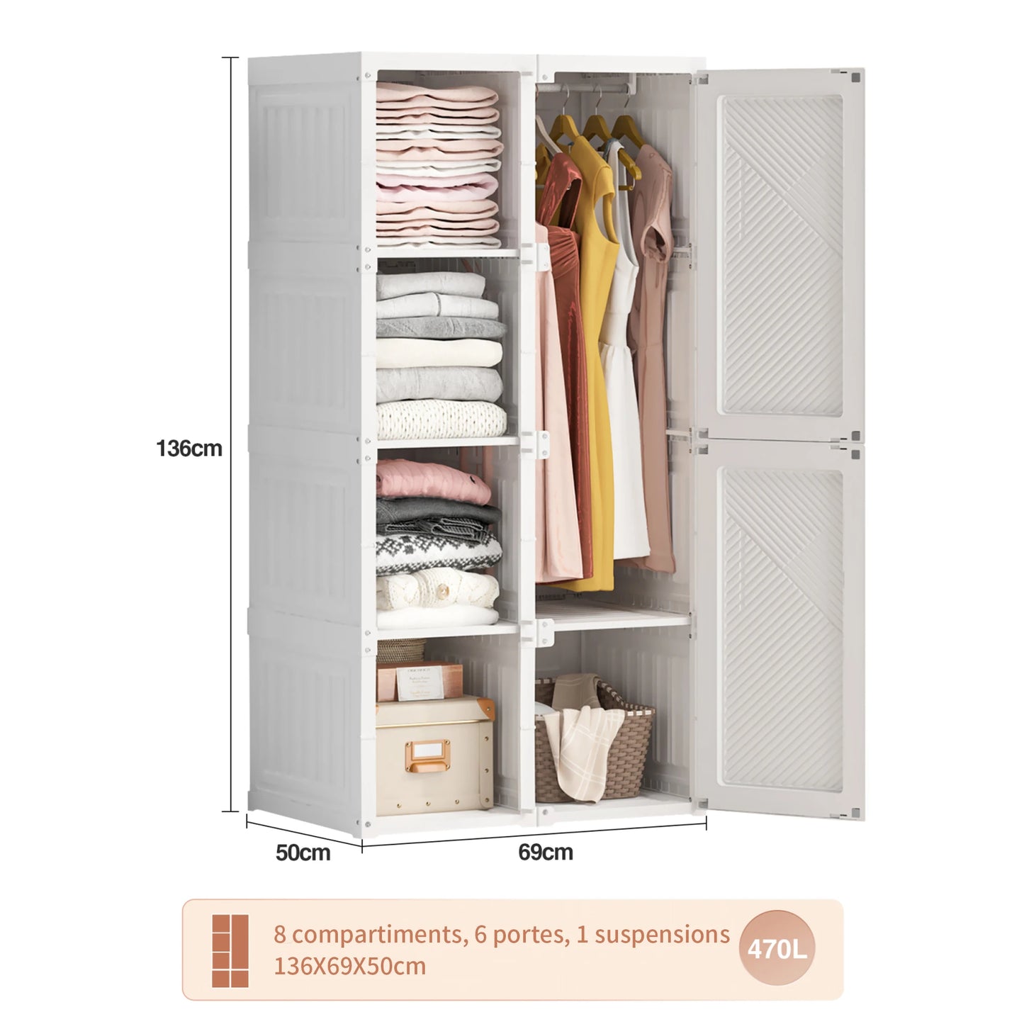 Rosahqnda Foldable closet Bedroom Wardrobe Wardrobes with Garment Rack Portable Multipurpose Cabinet storage