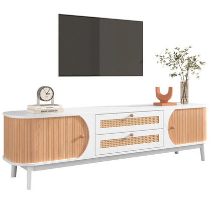 TV-kast – Tv-meubel – Tv-dressoir – Mediameubel – Tv-ombouw – Beige – Massief Hout Met Handgevlochten Rattan – Ruime Opbergruimte Met Schuifdeuren