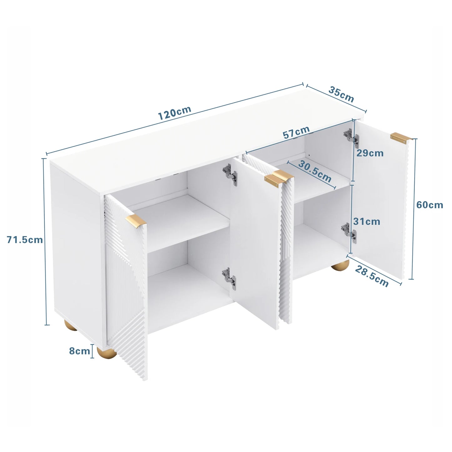 Opbergkastje – Opbergmeubel – Dressoir – Woonkamerkast – Halmeubel – Wit Met Gouden Handgrepen – 120x35x71,5 cm – Verstelbare Planken