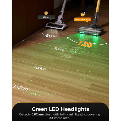 Proscenic P15 Cordless Stick Vacuum Cleaner, 70min Runtime, 50kPa 580W Powerful Suction, Anti-Tangle Brush, Green Light, 6 Layer - QUORE