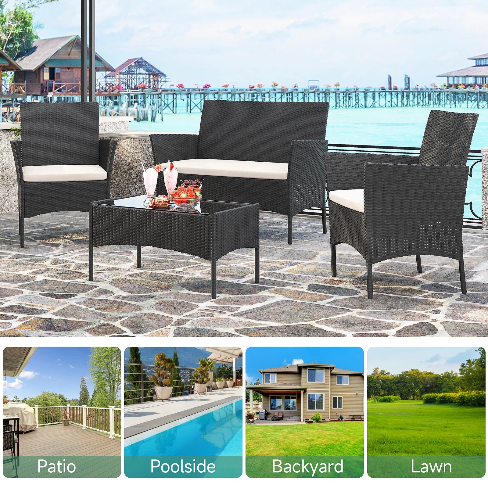 Rattan Loungeset – Tuinset – Loungeset Balkon – Buitenmeubel – Compact 4-Delig – Weerbestendig Staal – Gehard Glas - QUORE