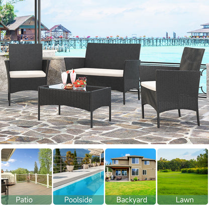 Rattan Loungeset – Tuinset – Loungeset Balkon – Buitenmeubel – Compact 4-Delig – Weerbestendig Staal – Gehard Glas - QUORE