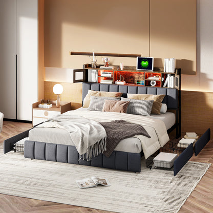 Gestoffeerd Bed – Tweepersoonsbed – Opbergladen Bed – Led Hoofdbord Bed – Slaapkamerbed – 160x200 cm – Ingebouwde USB-poorten – Verstelbare LED-verlichting