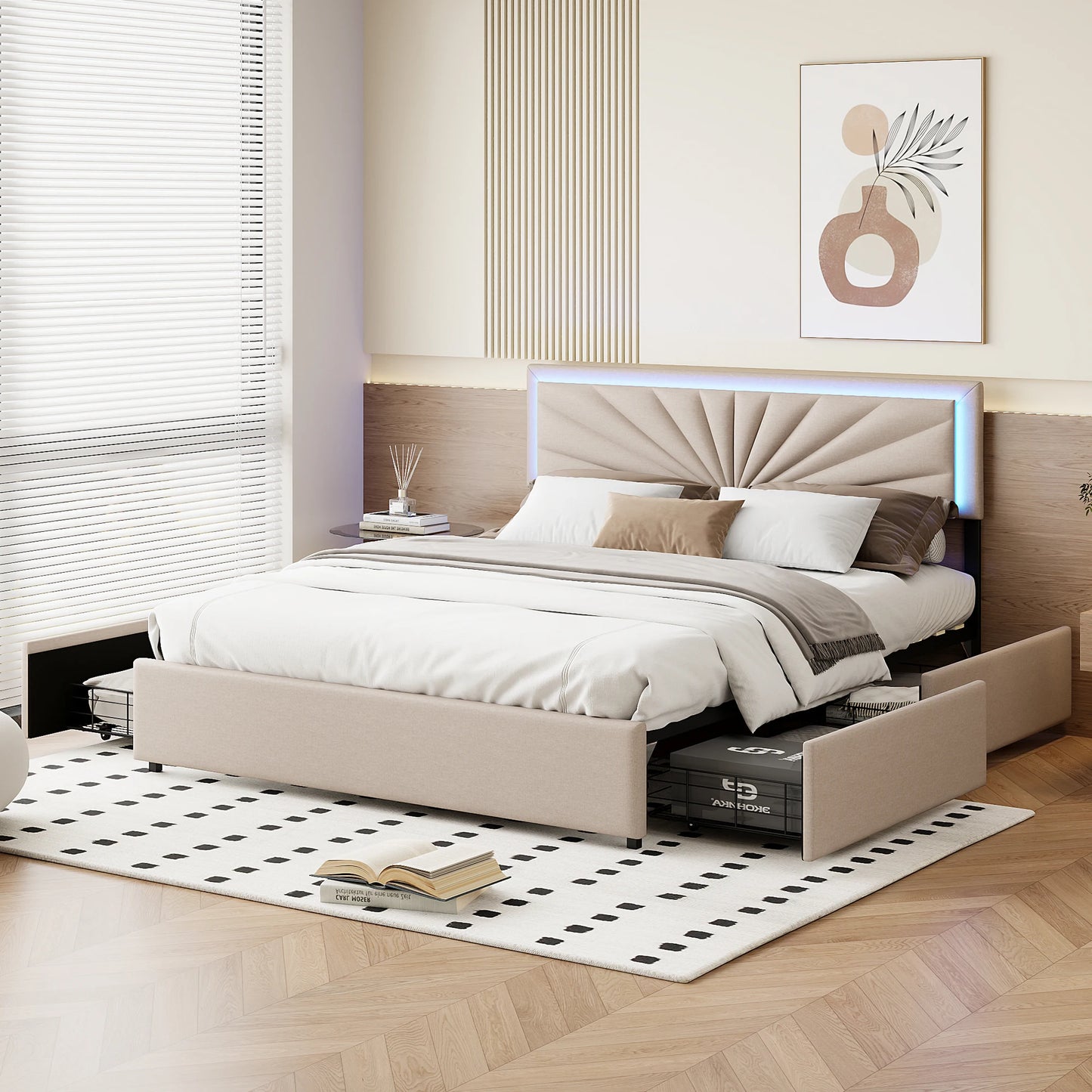 Anajqaqia 160x200cm Double Bed, Functional Bed with Backrest Headboard, with Storage Drawers and LED Lighting, Linen, Beige