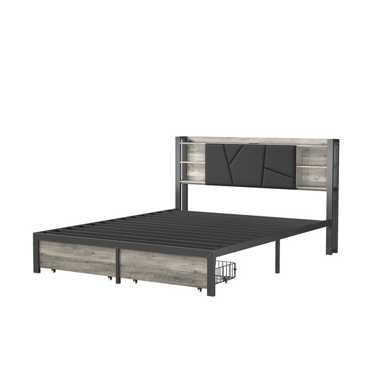 Metalen Tweepersoonsbed – Bedframe – Bed met Opberglades – LED Bed – Gestoffeerd Bed – 160x200 cm – Ingebouwd USB Oplaadstation – RGB LED Verlichting