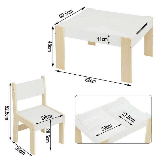 Kindertafel - Kindertafel en Stoelen Set - Kindertafel en Stoelen Set – Kindermeubilair met Opbergruimte – Tekentafel & Studie Bureau – Voor Kids & Kleuterschool – 81,5x48x60,5 cm – Wit & Lichte Eik