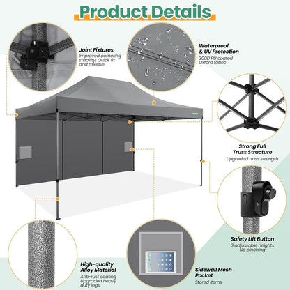 Partytent – Opvouwbare Tent – Marktstand Tent – Tuinent – Festivaltent – 3x4,5 Meter – 420D Oxford Doek – Waterdicht Met UV-Bescherming - Zwart - QUORE