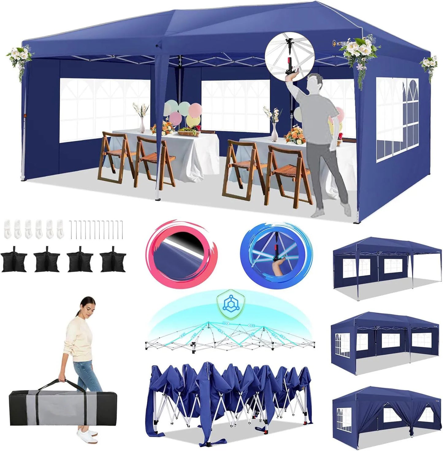 Pop-Up Partytent – Pop-Up Tent – Gazebo – Evenemententent – Feesttent – Waterdichte Oxford-Kap – 3x6 Meter – Met 6 Afneembare Zijwanden - Marineblauw - QUORE
