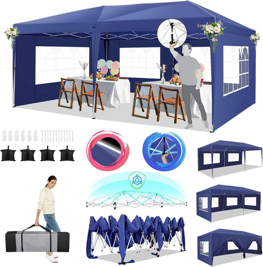 Pop-Up Partytent – Pop-Up Tent – Gazebo – Evenemententent – Feesttent – Waterdichte Oxford-Kap – 3x6 Meter – Met 6 Afneembare Zijwanden - Marineblauw - QUORE