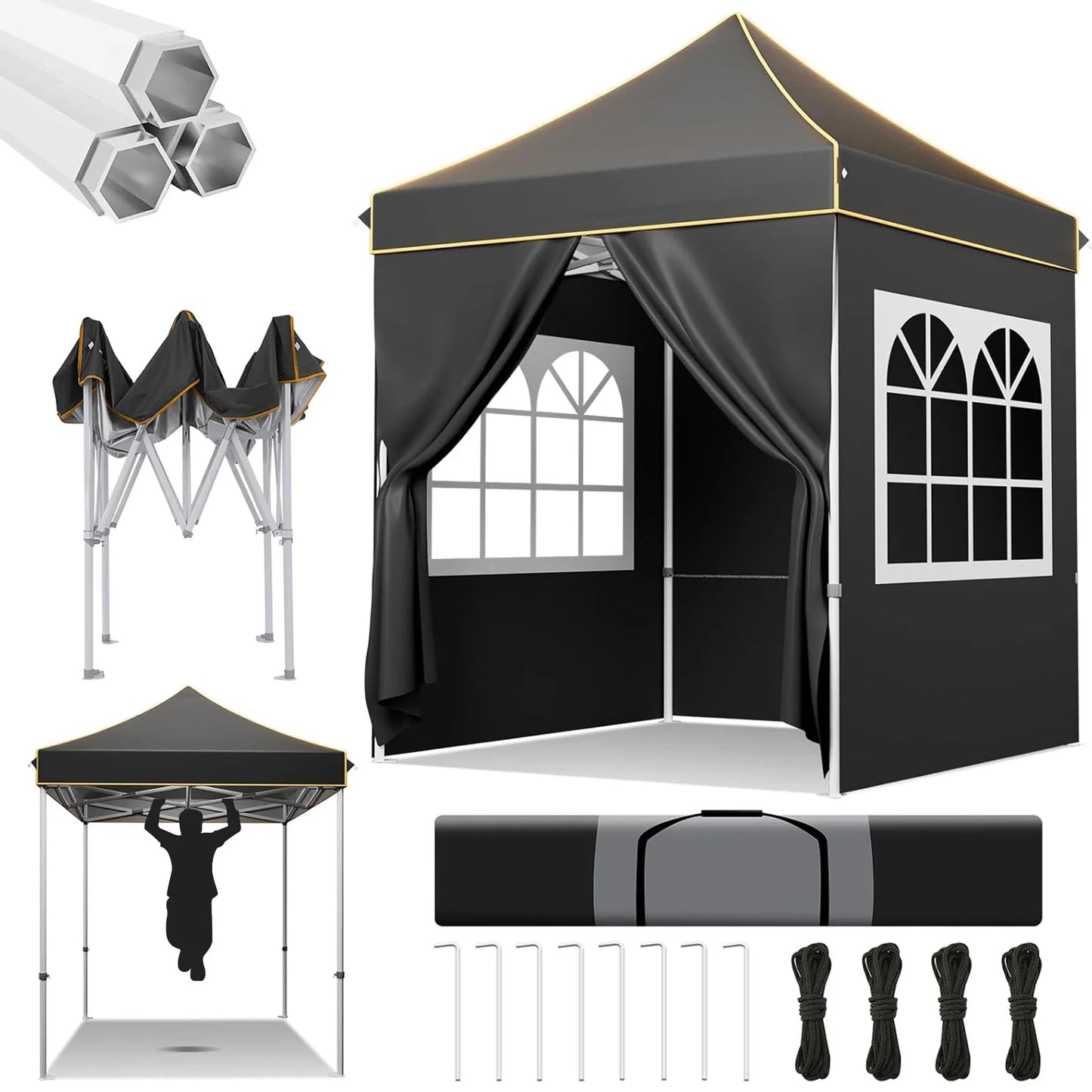 Partytent –  Pop-Up Luifel – Zonnescherm – Overkapping – Tuinpaviljoen – Waterdicht Oxford Doek – Verstelbare Hoogte - 2 x 2 Meter - Zwart