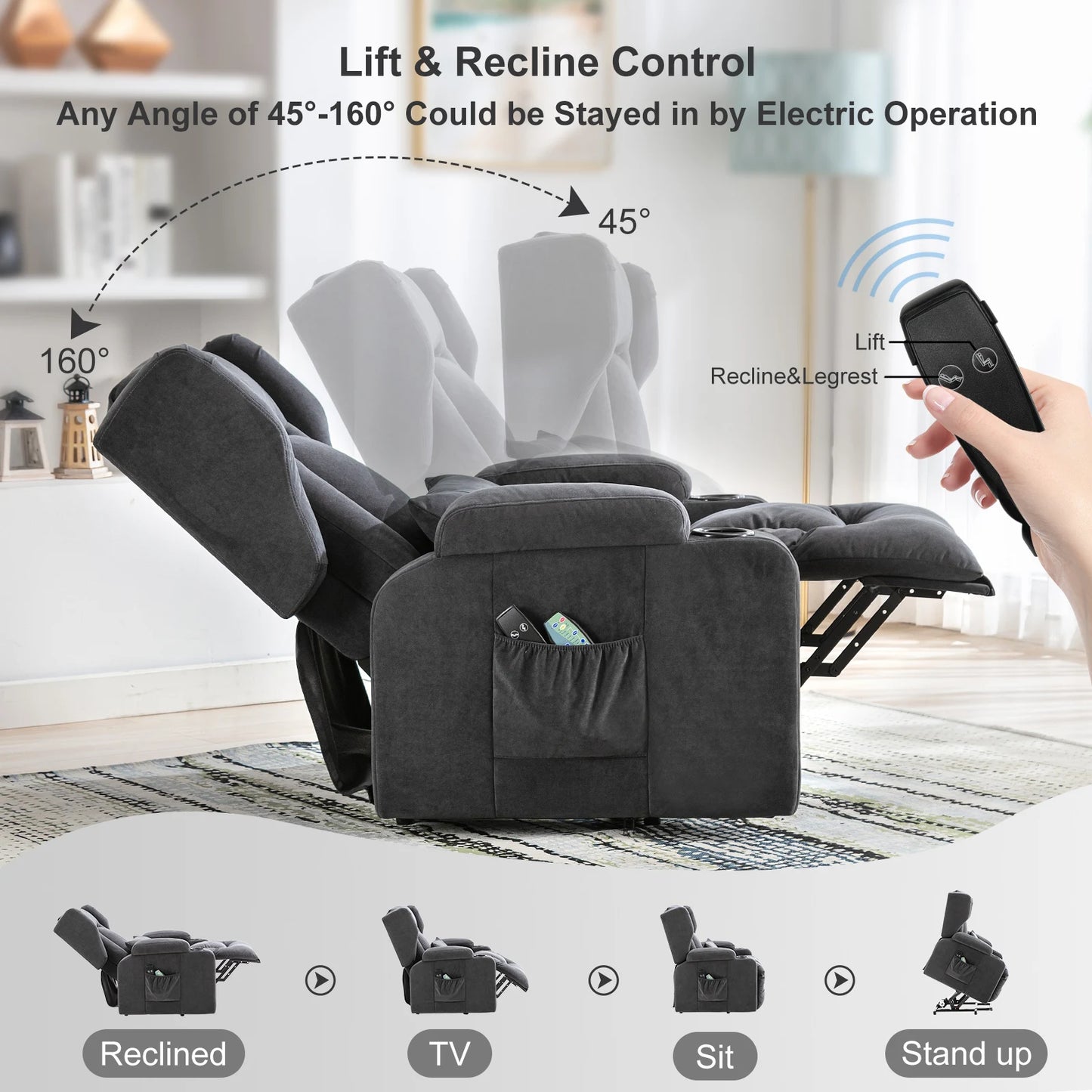 Sta op stoel – Relaxfauteuil – Elektrische Stoel – Relaxstoel – Massagefauteuil – Blauwe Stoffering – Elektrische Massagefunctie – Verstelbare Rugleuning