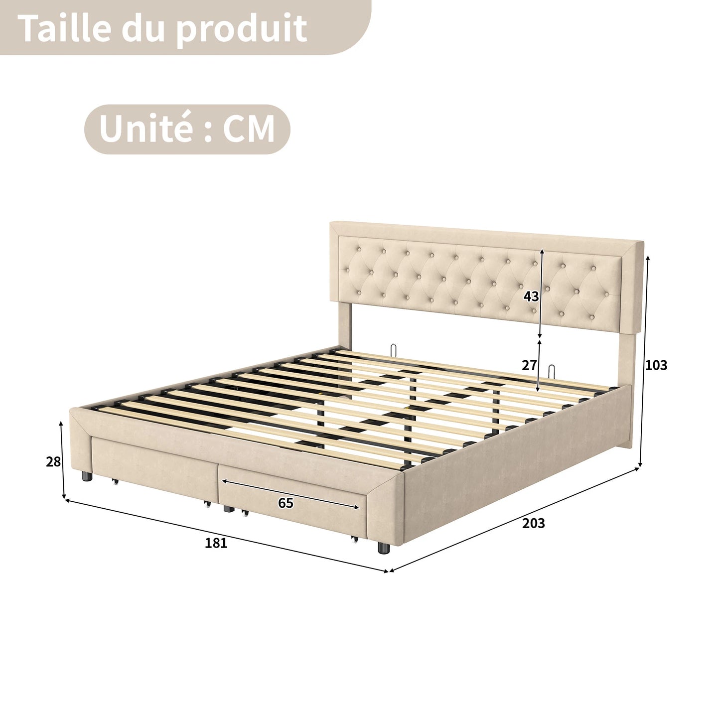 Gestoffeerd Bed – Opbergbed – Velvetbed – Tweepersoonsbed – Slaapbank – Beige 180x200 cm – Luxe Fluwelen Bekleding – Ruime Opbergladen Met Rollers