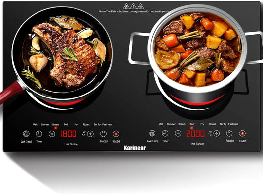 Inductie kookplaat - Induction Hob - Induction Cook Top - Inductie Fornuis - Elektrische Brander - 2 zones - Elektrische keramische kookplaat - met LED-display - 4-uurs timer - 9 vermogens - tot 3600 W - Veiligheidsslot - Zwart - QUORE