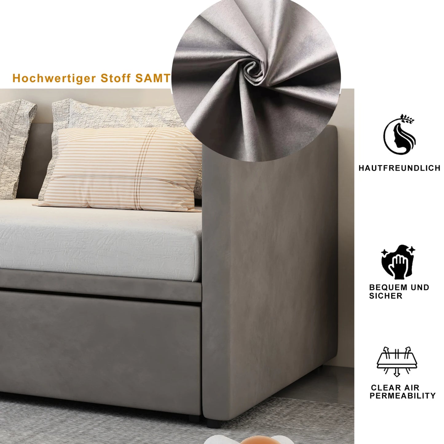 Slaapbank – Sofa Bed – Bedbank – Uitklapbare Bank – 2-Persoonsbed – Verstelbaar Metaal Frame – Grijze Velvet Bekleding – 90x200 cm Uitklapbaar