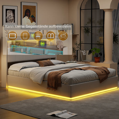 Boxspring 160x200 cm – Tweepersoonsbed – Gestoffeerd Bed – Ledverlichting Bed – Opbergladen Bed – Metalen Frame – Velvet Bekleding – Stevig Met Centraal Versteviging