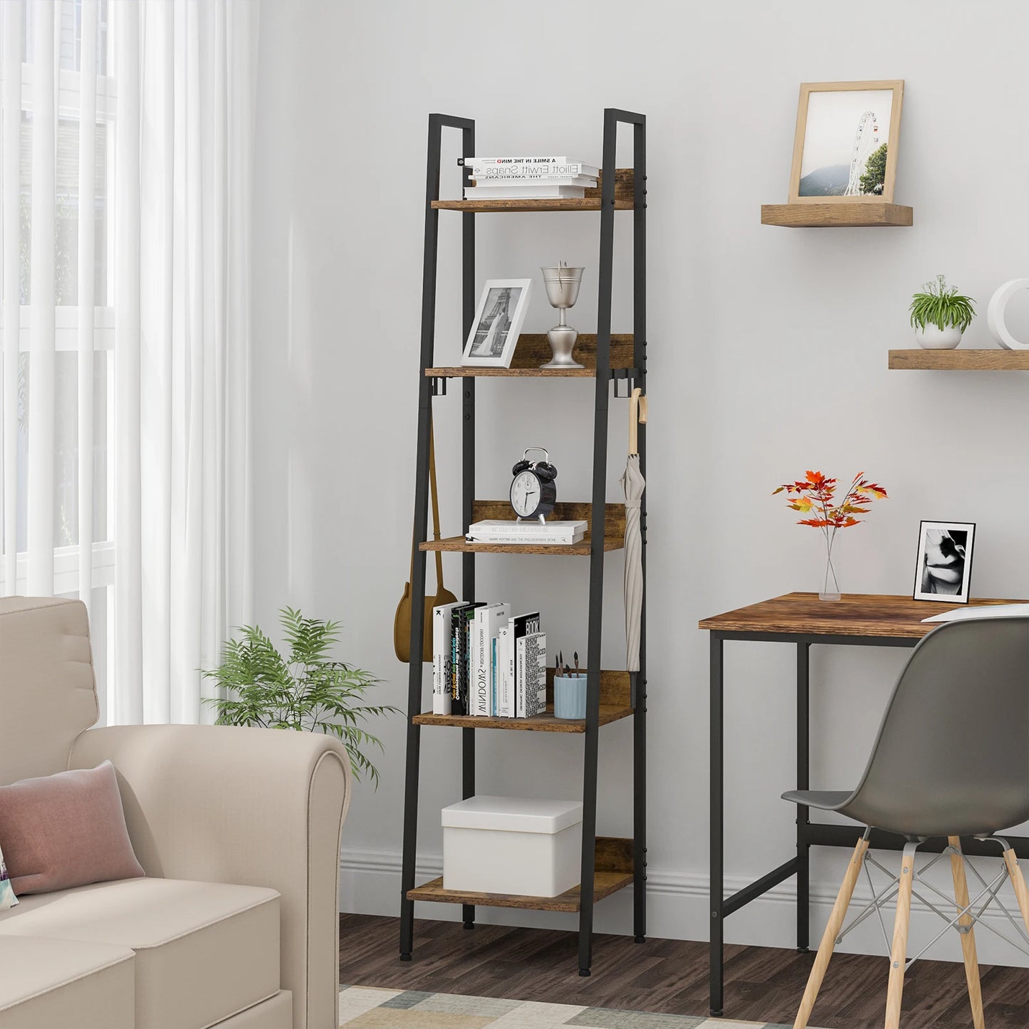 Boekenkast – Industrieel Boekenrek met Houten Planken en 4 Haken – Multifunctionele Boekenplank - Stellingkast - Keukenrek – Open Opbergrek voor Woonkamer, Keuken of Kantoor – 40x170x36 cm – Zwart & Hout - QUORE