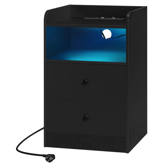 Nachtkastje - Bijzettafel - Nachtkastje met Oplaadstation – 2 USB-poorten - 2 Stopcontacten – Bijzettafel met Verstelbare LED-Verlichting – Houten Overbedtafel – Modern Slaapkamermeubel - 40x64x35 cm - Zwart - QUORE