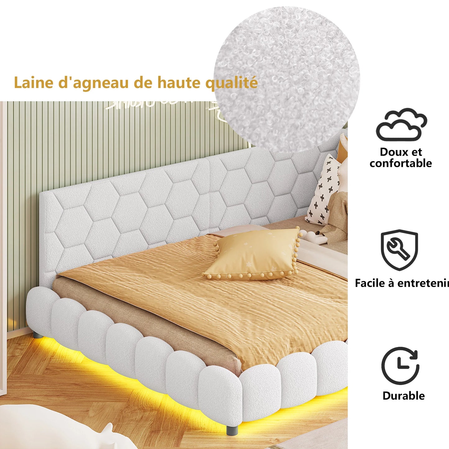 Sofa Bed – Slaapbank – Bedbank – Logeerbed – Multifunctioneel Bed – Wit – 140x200 cm – LED-Verlichting Onder Bed – USB- en Type-C Oplaadpunt – Cashmere Bekleding – Stevig Lattenbodemframe