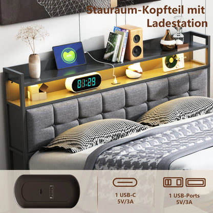 Bed Met Opbergruimte – Linnen Bed – Slaapbed – Opbergbed – Gasdrukveer Bed – 140x200 cm – Antracietgrijs Linnen Hoofdbord – Stevige Hout-Metaal Constructie