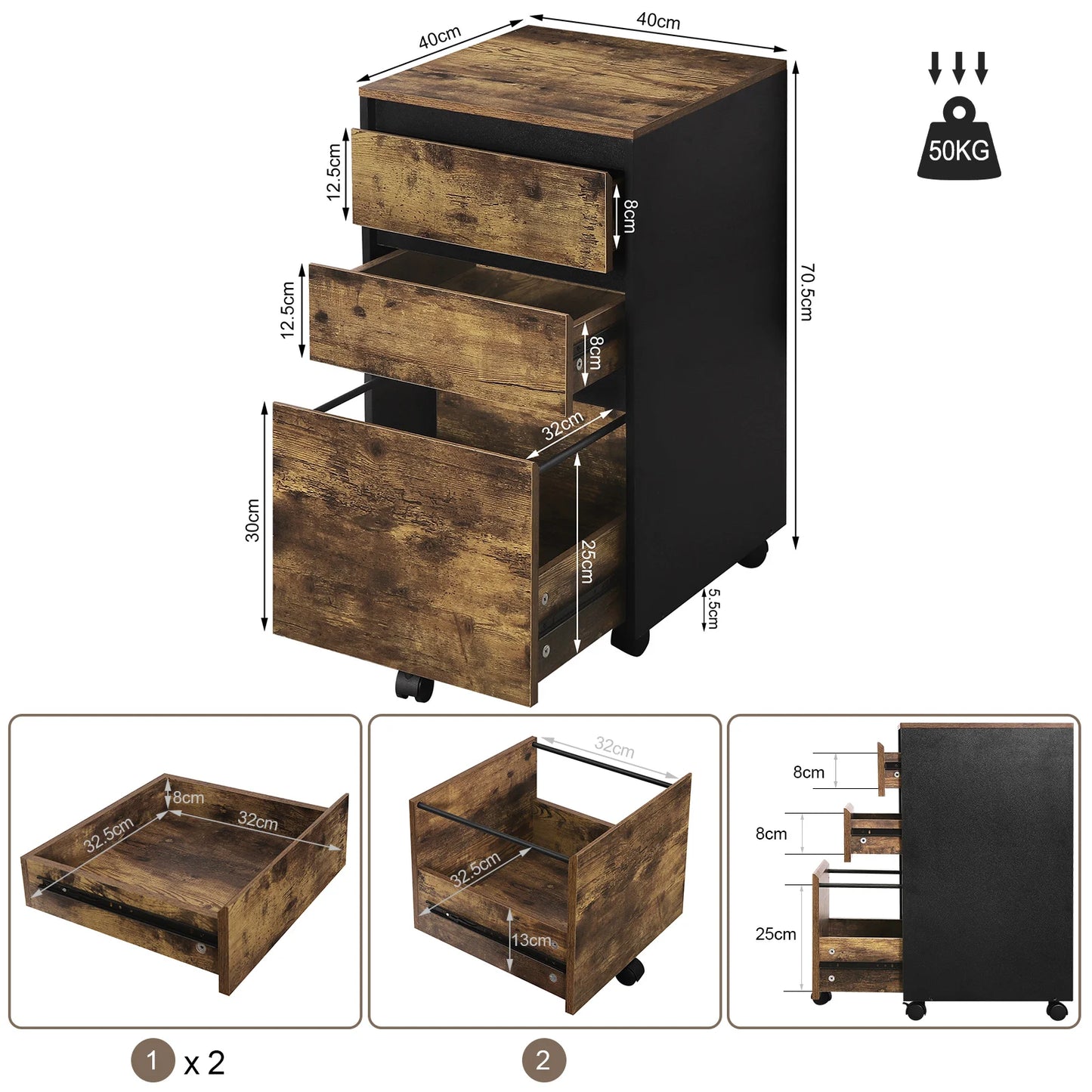 Mobiele Ladeblok - Nachtkastje - Salon - Bijzet - Kantoor - 40x70x40 cm – Houten Archiefkast – Industriële Opberg - 3 Lades - met Wielen – Thuisgebruik - Licht Eiken Zwart