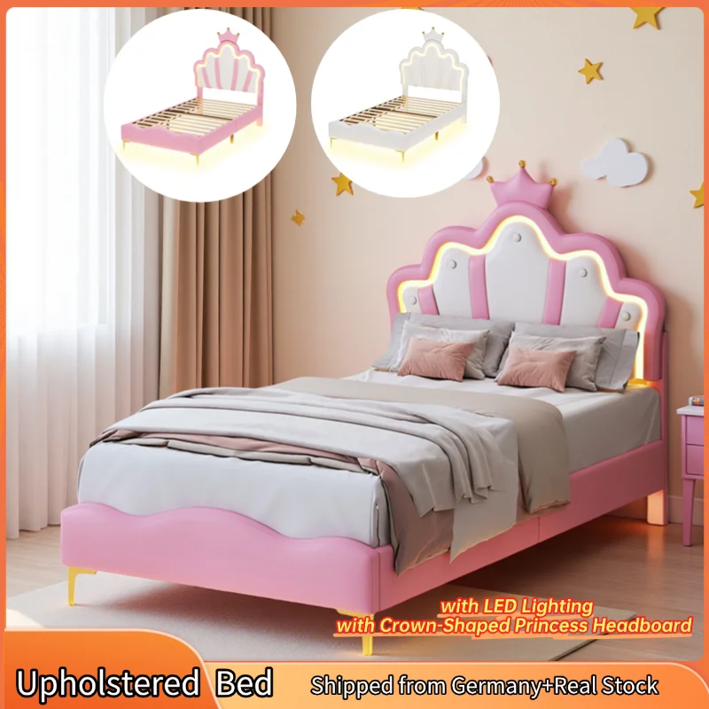 Kinderbed – Eenpersoonsbed – Bed Voor Kinderen – Slaapbed – Kinderbed Met LED-Verlichting – Kroonvormig Hoofdbord – PU Kunstleer – Verstelbare Hoogte – 90x200 cm – Waterafstotend & Eenvoudig Te Reinigen