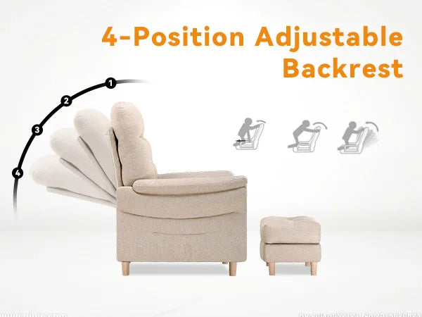 Relaxstoel – Verstelbare Stoel – Zitstoel – Fauteuil – Voetenbank – 4-Standen Rugleuning – Opbergruimte Voetenbank - Beige