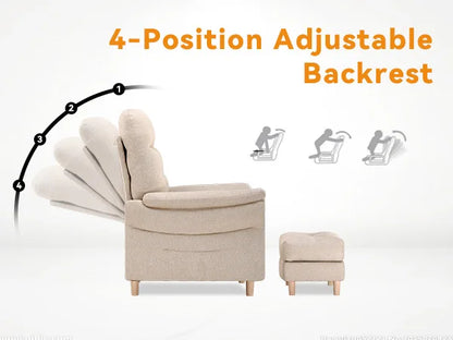 Relaxstoel – Verstelbare Stoel – Zitstoel – Fauteuil – Voetenbank – 4-Standen Rugleuning – Opbergruimte Voetenbank - Beige